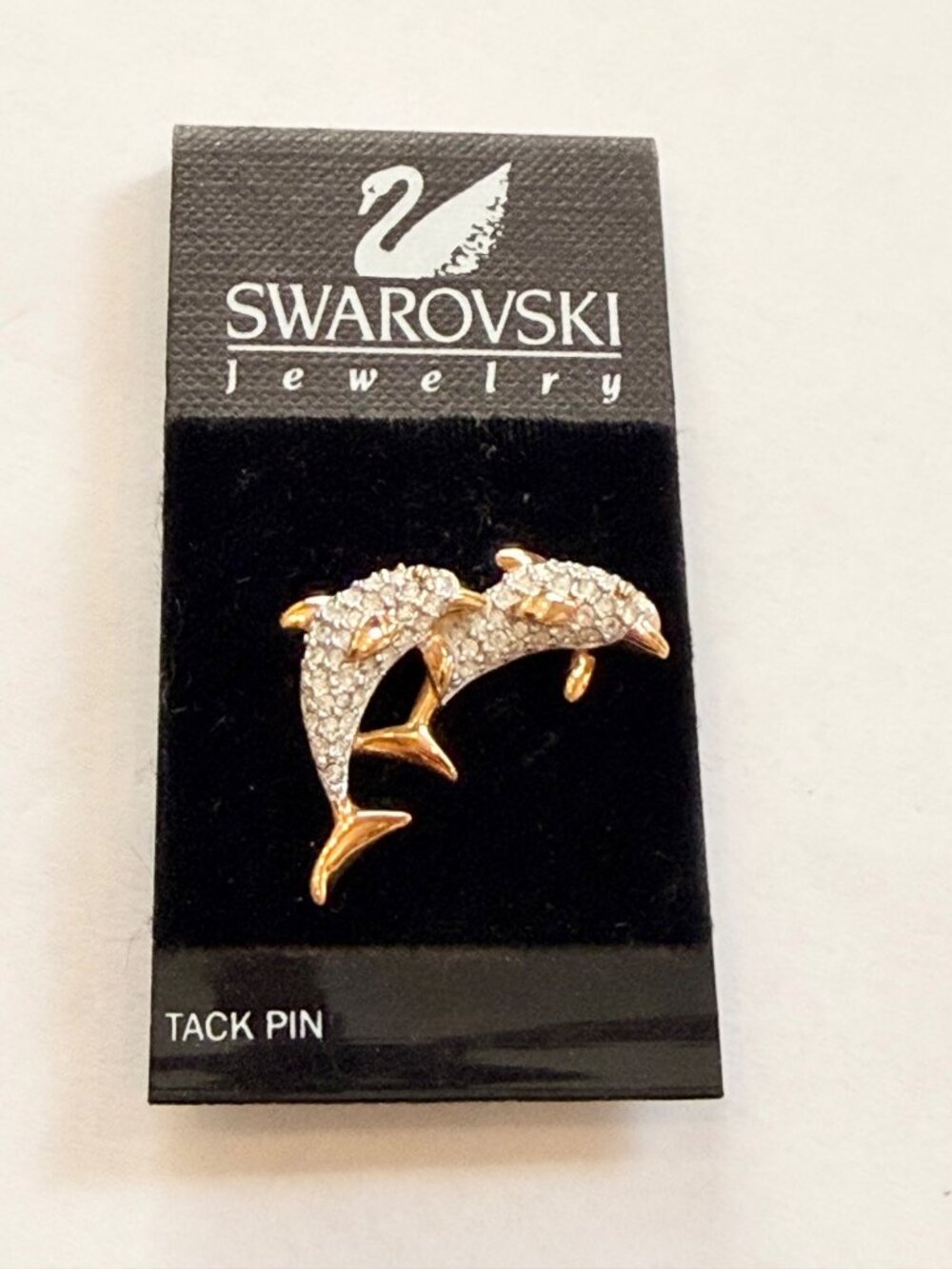 Swarovski Two Dolphin Gold-Tone Crystal Tack Pin Jewelry 1.4 Inches Made In Thai